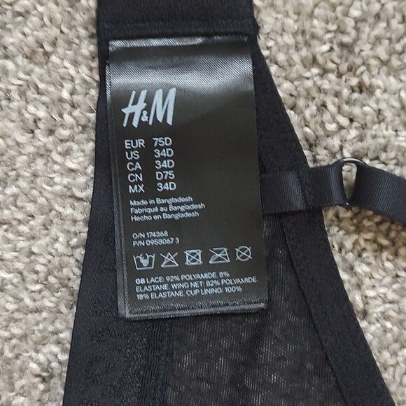 H&M Size 34D Women's Unpadded Underwire Black Lace Bra In Like New Condition - Picture 9 of 9